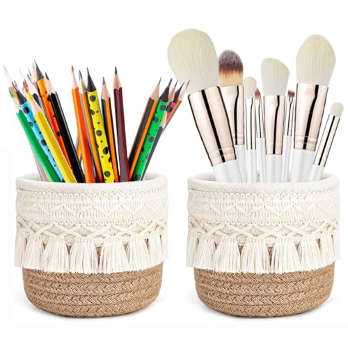 YANJINGHE 2 Stück Make-up-Pinselhalter, Geflochtener Mini-Korb, 10x10cm - Organizer, Kosmetikorganiser, Boho-Stil Aufbewahrungsbox für Kosmetikpinsel, Stifte, Bleistifte und Accessoires (Weiß+Khaki)