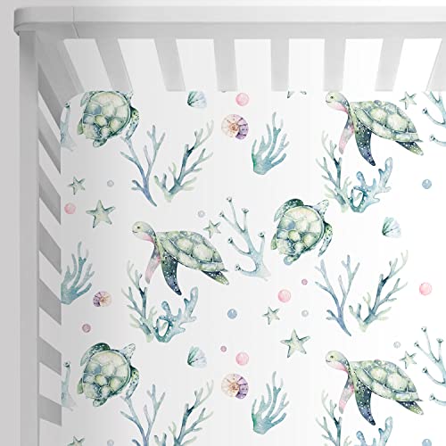 Image of Sahaler Crib Sheet for Girl Boy Baby Polyester Fitted Crib Sheets for Standard Crib and Toddle Mattresses-Green sea Turtle...