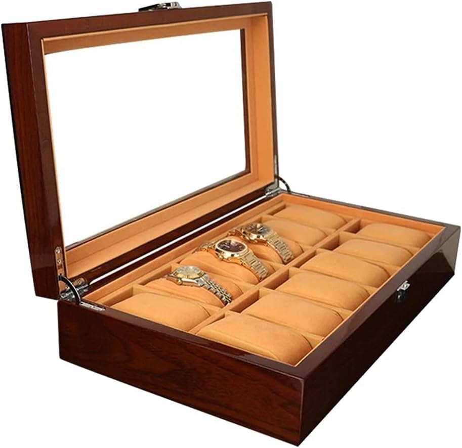 Uhrenbox aus Holz, Uhrenetui, Organizer, Display für Männer und Frauen, 12 Fächer, Holzbox mit großer transparenter Glasplatte