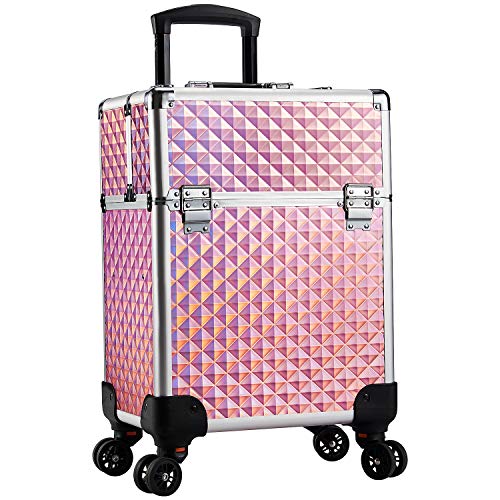 Stagiant Rolling Makeup Train Case Large Storage Cosmetic Trolley 4 Tray with Sliding Rail Removable Middle Layer with Key Swivel Wheels Salon Barber Case Traveling Cart Trunk - Pink Diamond