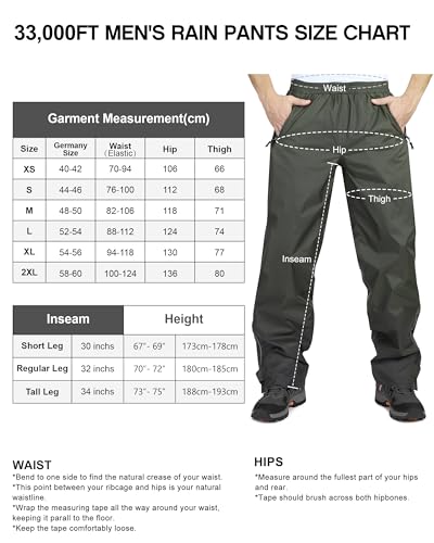 33,000ft wasserdichte Regenhose für Herren Leichte Regenhose Winddichte Outdoorhose zum Wandern Camping Golf Schwarz M 32L