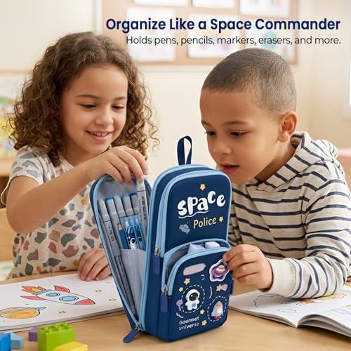 Image of WireScorts Space Police Multifunctional Pencil Pouch | Large Capacity 3 Zipper Pencil Case with Multiple Compartments | Stationery Organizer for School Kids | Durable Fabric, Cute Space Police Design