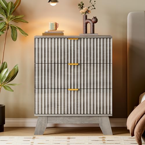 Image of BORNOON Fluted 3 Drawer Dresser, 30.3 inch Tall Compact Modern Boho Chest of Drawers, Wooden Storage Cabinet for Bedroom, Living Room, Entryway, Curved Profile Design