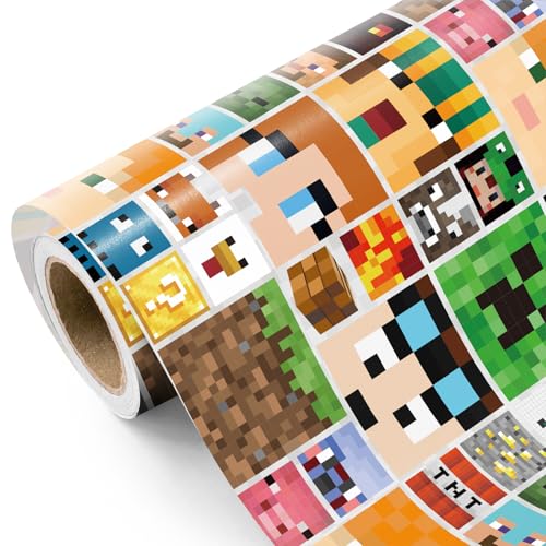 RUSPEPA Videospiel-Geschenkpapierrolle – Mini-Rolle – 43,2 cm x 3 m – Pixel-Geschenkpapier mit Spielfiguren, perfekt für Jungengeburtstage, Gamer, Teenager