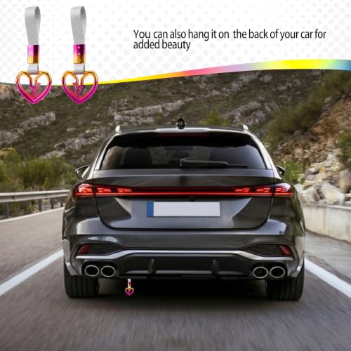 Image of 2PCS Heart Shaped Car Handle Straps, Rear Bumper Warning Keychain Ring for Car Exterior Accessories (Chrome Rainbow Broken Heart - White)