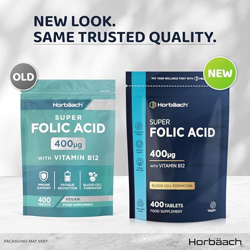 Folsäure 400 µg Tabletten | 1 Jahr Vorrat - 400 Vegane Tabletten | Optimal Vitamin B9 mit Vitamin B12 | von Horbaach