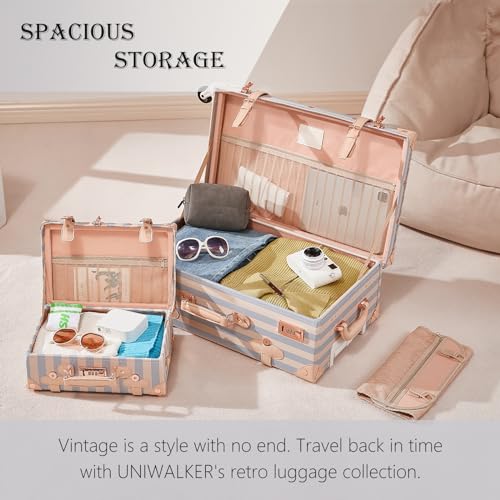 Image of UNIWALKER Vintage Carry on Luggage Set, 2 Piece Retro Spinner Trunk Suitcase with Cosmetic Train Case for Women, 20 inch+12 inch, Blue Strip