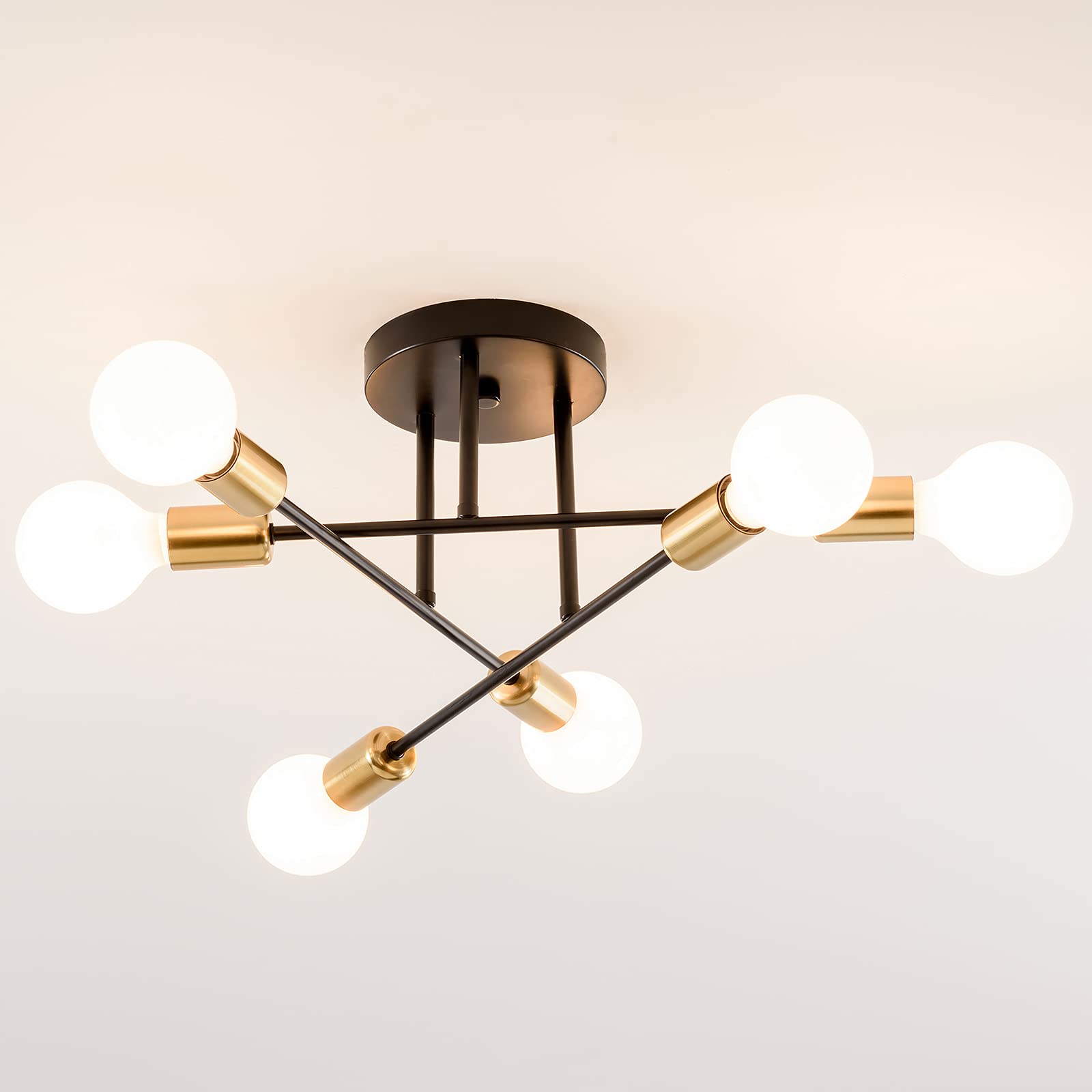 SOZOMO Ceiling Lights,Multiple Rod Wrought Iron Light, 6-Lights Black Sputnik Light Modern for Living Room,Bedroom,Hallway and Kitchen,Black and Gold.