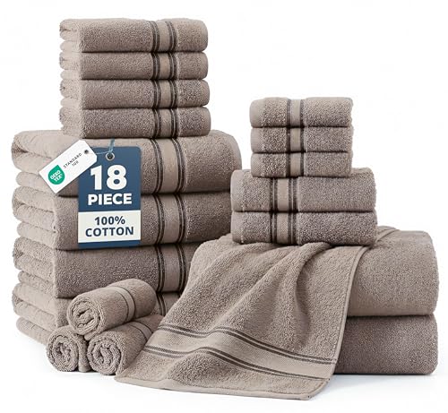Image of Lane Linen 100% Mercerized Cotton Bathroom Towel Set - 18 Pieces - Fluffy, Super Soft & Highly Absorbent - 6 Bath Towels, 6 Washcloths, 6 Hand Towels - Zero Twist, Double Sided Cotton Terry - Platinum