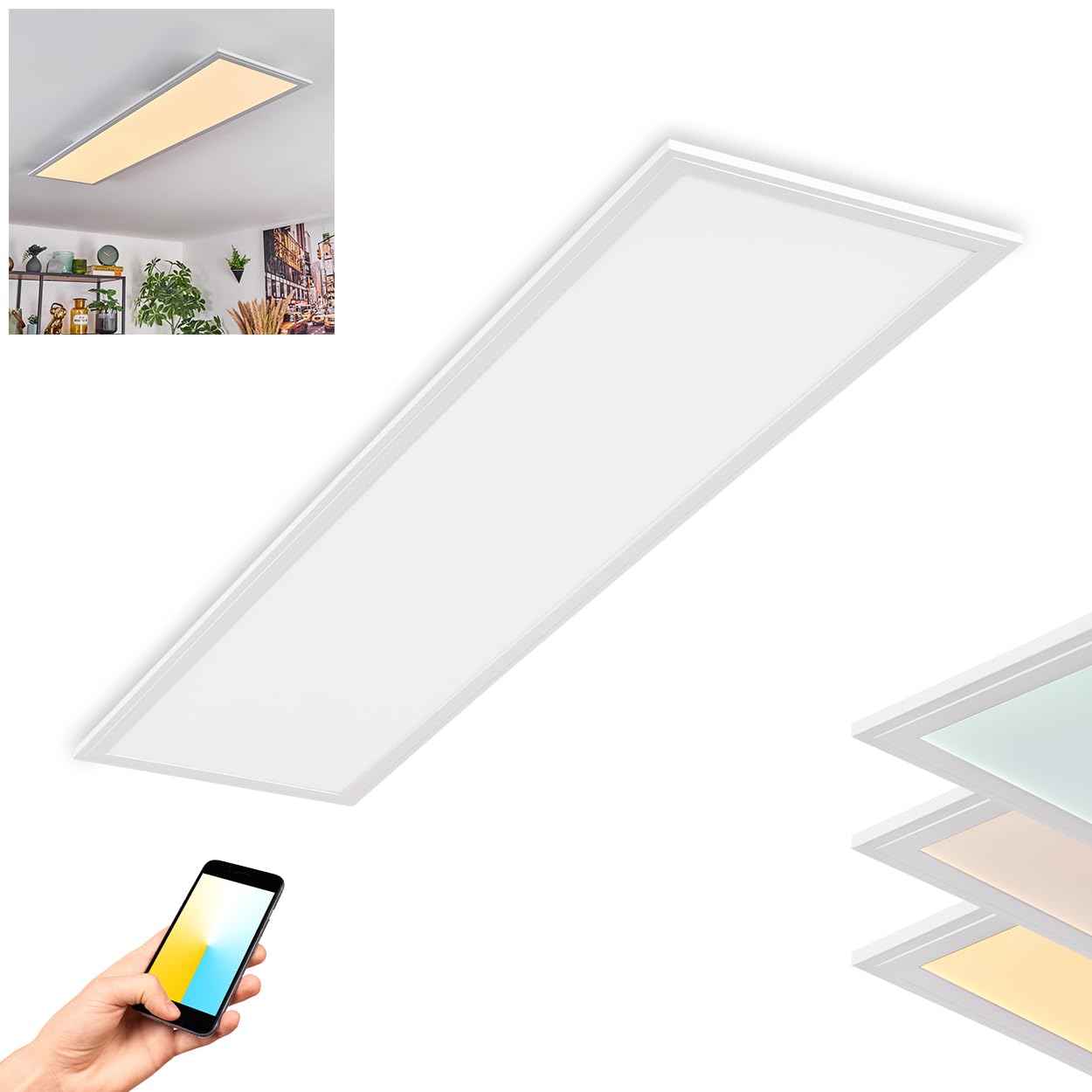 HOFSTEIN LED Deckenpanel Belan, dimmbare Deckenleuchte aus Metall/Holz/Kunststoff in Weiß/Natur, 37 Watt, 3900 Lumen, 2700-6500 K, CCT einstellbar, Smart Home/App, Wohnzimmer, Schlafzimmer, Küche