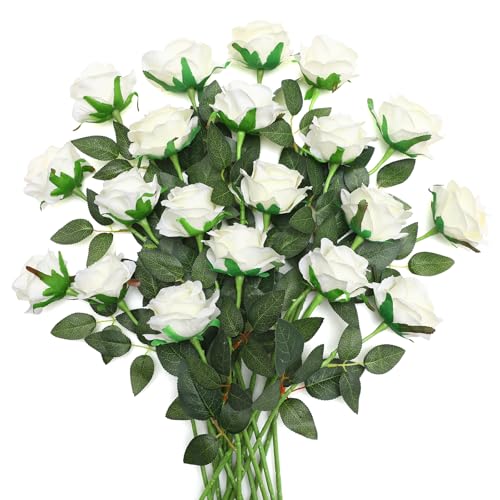 JUSTOYOU 20 PCS Rosas Artificiales Blancas, Rosas de Seda Florecientes con Tallo, Ramo de Rosas Artificiales Flor Realista para Casa Mesa Oficina Fiesta Boda Arreglos de Jardín (Rosas Florecientes