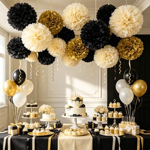 Image of EASY JOY 15 Pcs Black Gold Cream Tissue Paper Pom Poms Black and Gold Party Decorations Hanging Paper Flowers Decor for Prom 2026 Graduation Birthday Wedding New Year Home Wall Ceiling Decor