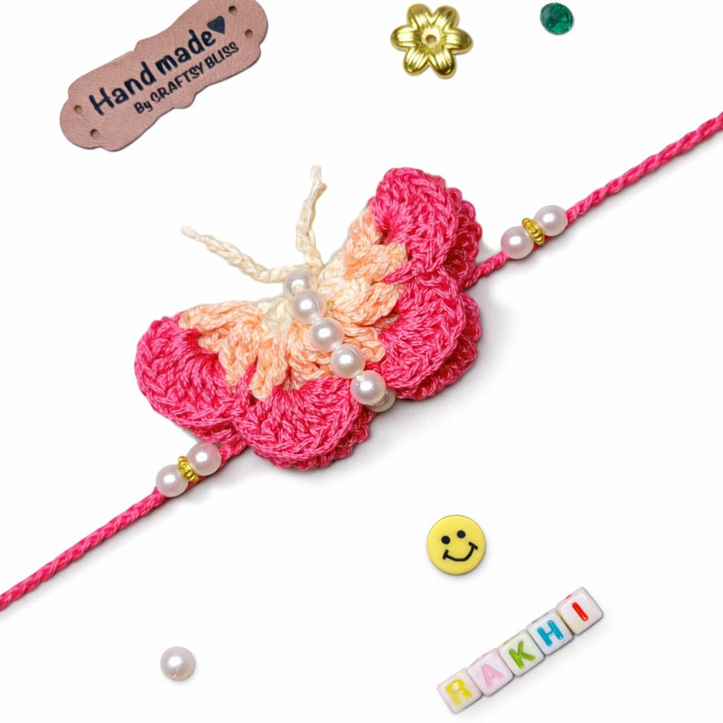 Designer Butterfly Rakhi For Kids Baby Brother Bhai Sister Girls | Made With Soft Cotton Thread | Butterfly Crochet Rakhi For Kid Baby Boy Bro Brother Bhai Bhaiya Girl Sister Niece | Pink Light Orange White Colour | Buy 2 Save 20% | Buy 3 Save 30%-image-46
