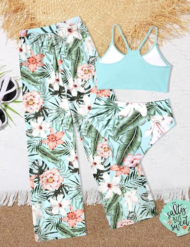 Image of NECIOUS Girls Swimsuit, 3 Piece Bikini Bathing Suit Tropical Floral Swimwear with Cover Up Pants 7-16Y