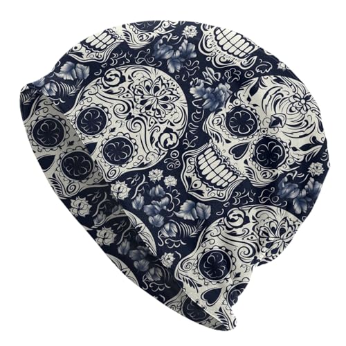 ZUHAOGO Day of The Dead Skulls Roses Skull Beanie Hats Slouchy Winter Warm Chemo Caps Stretch Hip-Hop Skull Cap Beanie Lightweight Sleep Cap Headwear Knit Beanies for Men Women