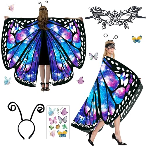 YAEGIMHT Schmetterling Kostüm Damen 4 Pcs Schmetterling Kostüm Erwachsene mit Umhang Haarreif Damen Spitze Maske Schmetterlingsaufkleber Kostüm Schmetterlingsumhang (Sternenklares Lila)