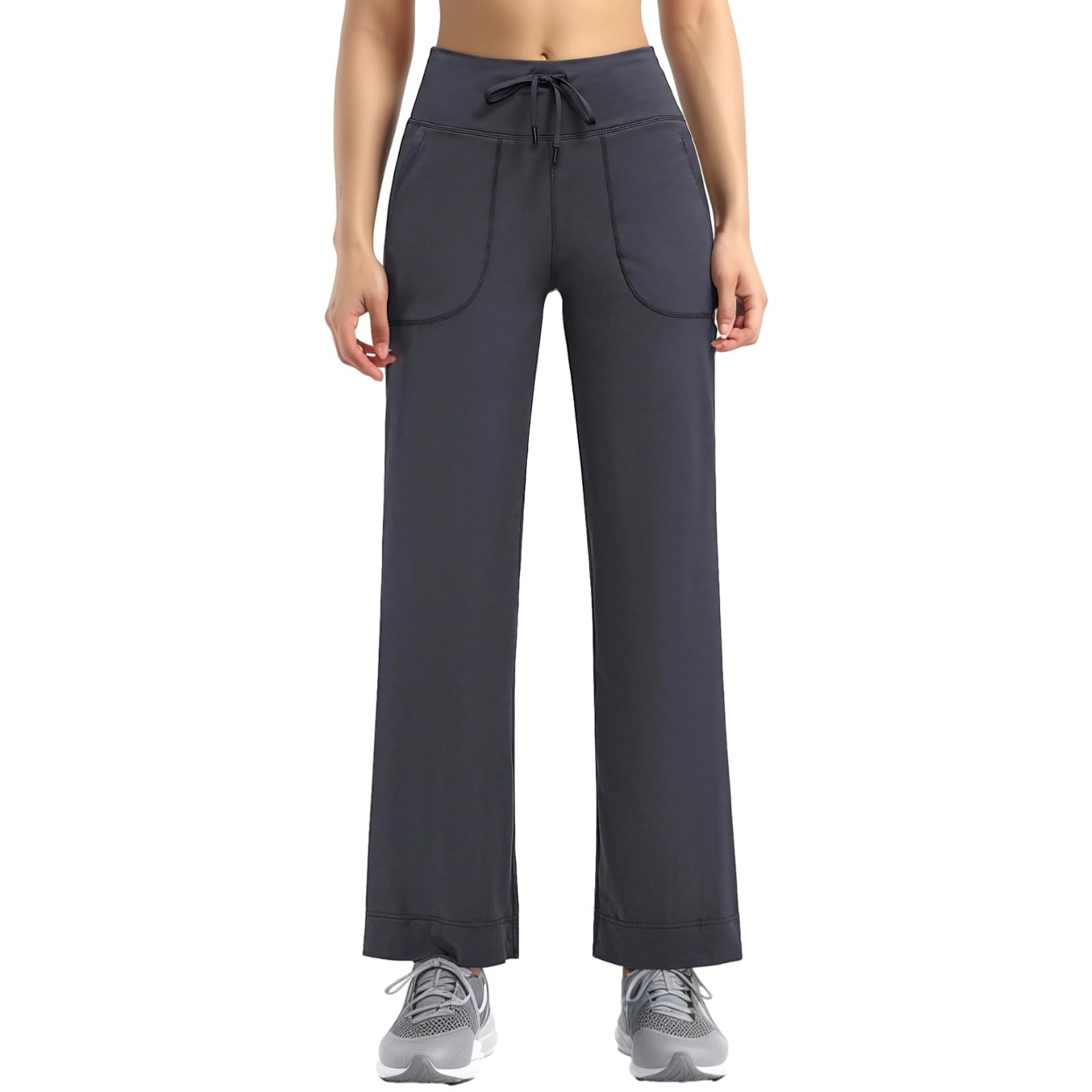 Spodnie do jogi dla kobiet, szerokie nogawki z kieszeniami, elastyczny nylon-spandex, talia ze sznurkiem, pasuje do 16-176, waga 160-176, grafitowy szary