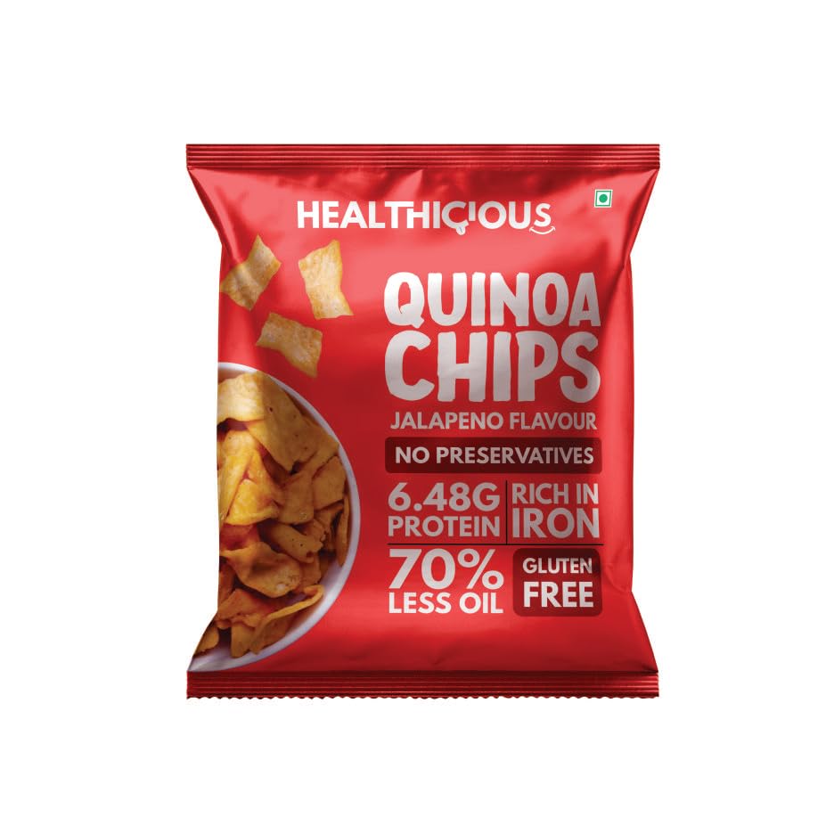 Healthicious Quinoa Chips | Jalapeno Flavor | Gluten Free | Rich Protein | High Fiber | Vegan | No Cholesterol | No Maida | No Preservatives | 70% Less Oil