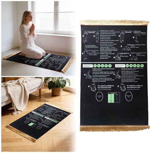 Gebetsteppich Mit Anleitung Zum Lernen Interaktiver Kinder Gebetsteppich Faltbare Islamische Matte Dick Für Frauen rutschfeste Gummiunterseite Für Tägliche Routine (Black 80x120cm)