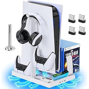 PSS PS5 Vertical Stand with Controller Charging Station & Suction Cooling Fan, Dual Controller Charger Station, PS5 Gaming Accessories for PS5 Console with Headset Holder