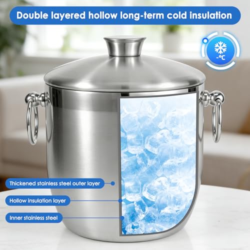 Stainless Steel Ice Bucket, 3L Double Wall Insulated Ice Bucket with Lid and Tongs, Keeps Ice Cold Longer, for Wine, Champagne & Cocktails, Parties & Drinks - Image 3