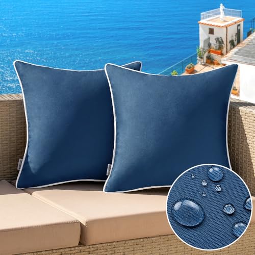 MIULEE Pack of 2 Outdoor Waterproof Pillow Covers Decorative Farmhouse Throw Pillow Covers Square Solid Color Couch Cushion Covers for Patio Tent Bed Sofa Living Room 18x18 Inch Navy Blue