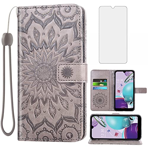 Phone Case for LG Aristo 5/K31/Fortune 3/Phoenix 5/K8x/Tribute Monarch/Risio 4 Wallet with Tempered Glass Screen Protector Flip Cover Card Holder LGK31 Rebel K 31 31K Aristo5 Plus 5+ Risio4 2020 Gray