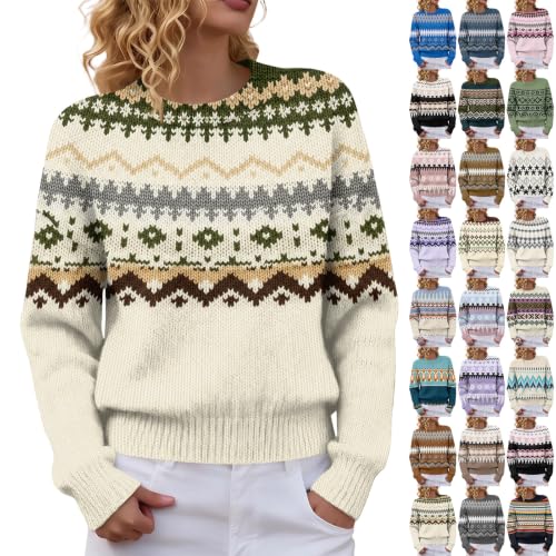 Fair Isle Sweater Women Vintage Knit Long Sleeve Graphic Crewneck Sweater - image 1
