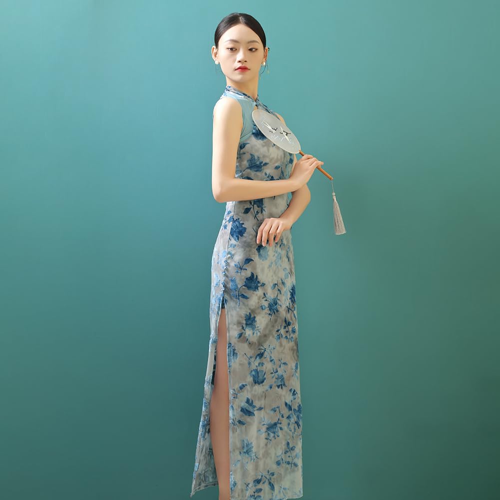 ROYAL SMEELA Cheongsam Velours pour Femme Qipao Imprimé Sexy Robe Qipao sans Manches Col Mandarin Robe Cheongsam Qipao Traditionnelle Chinoise Qipao Longue Adulte Robes Cheongsam Fente Bleu
