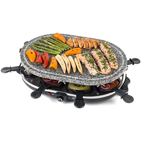 Giles & Posner EK1872G Electric Stone Raclette Grill - Indoor Tabletop 8 Person Raclette, Removable Stone Grill Hot Plate, Non-Stick Grill Pans, Spatulas Included, Adjustable Temperature Dial Cover