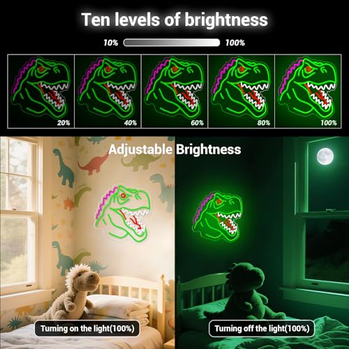 Image of Dinosaur Neon Sign, T-Rex LED Neon Signs Light for Wall and Room Decor, USB Dimmable Powered LED Light for Bedroom, Man Cave Party, Birthday Christmas Gift (B002)
