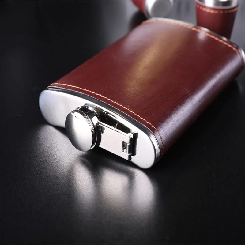 Image of Leather Stainless Steel Hip Flask with 4 Shot Glasses with Funnel, Liquor, Wine, Whiskey, Alcohol Drinks Holder Pocket Beverage Bottle for Men and Women