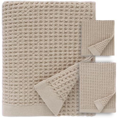 ONSEN Supima® Waffle Bath Sheet Set, Quick Dry Lint Free 100% USA Cotton, Large Bath Sheet Hand and Face Towel Bundle, 3 Piece (Oatmeal, Bath Sheet Set)