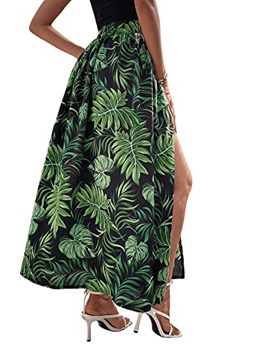Sweatyrocks Women's Casual Split Hem Elastic High Waist Maxi Long Skirt Green Black L #TOP1
