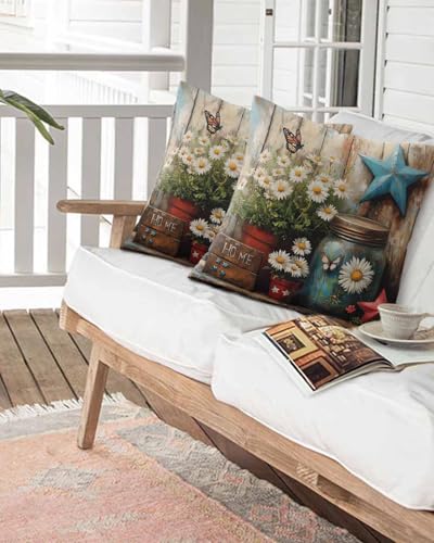 Outdoor Throw Pillow Waterproof Pillows, Watercolor Daisies Start Butterfly Decorative