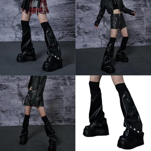 Women Subcultures Punk Over Knee Ribbed Top Leather Leg Warmers Rivets Flared Baggy Foot Covers Footless Socks2