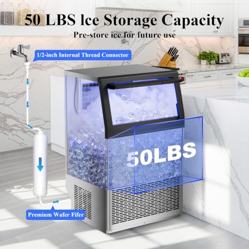 Image of Mountman Commercial Ice Maker,150lbs /24H,50 Cubes in 14 Mins,Stainless Steel Ice Machine with 50lbs Storage Capacity,Self-Cleaning,Water Filter,Under Counter /Freestanding Ice Maker for Cafe,Home