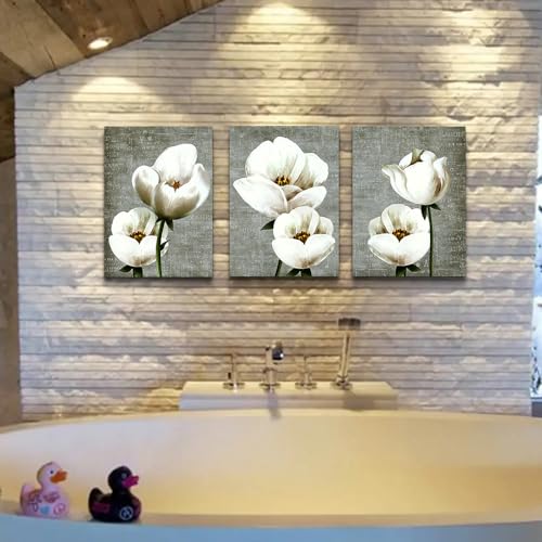 DZRWUBHS Modern Wall Decor - Canvas Wall Art for Living Room, Bedroom & Kitchen - Abstract Vintage Style White Flowers - 3 Piece Set