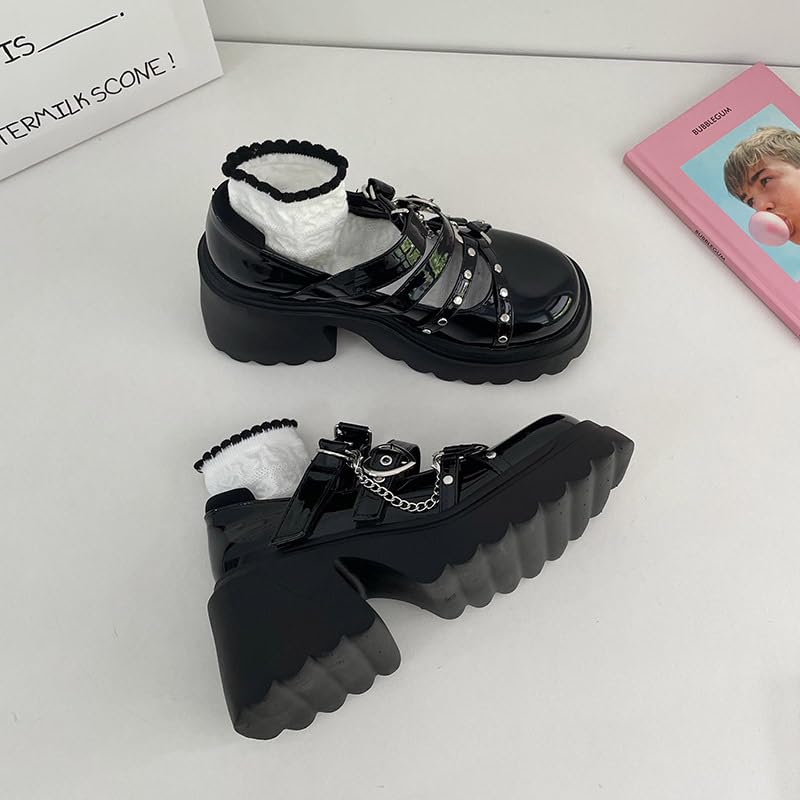 Grunge Mary Jane Platform Black Heels Cute Punk Emo Y2K JK Lolita Shoes with Metal Buckles Rivets Heart Chains Charms for Teen Girls Chunky Kawaii Sandals for Daughter Streetwear Back to School4