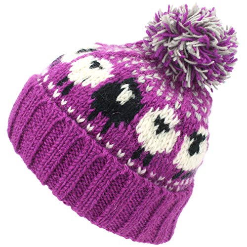 Bonnet pompon laine tricot rose blanc taille unique style jacquard