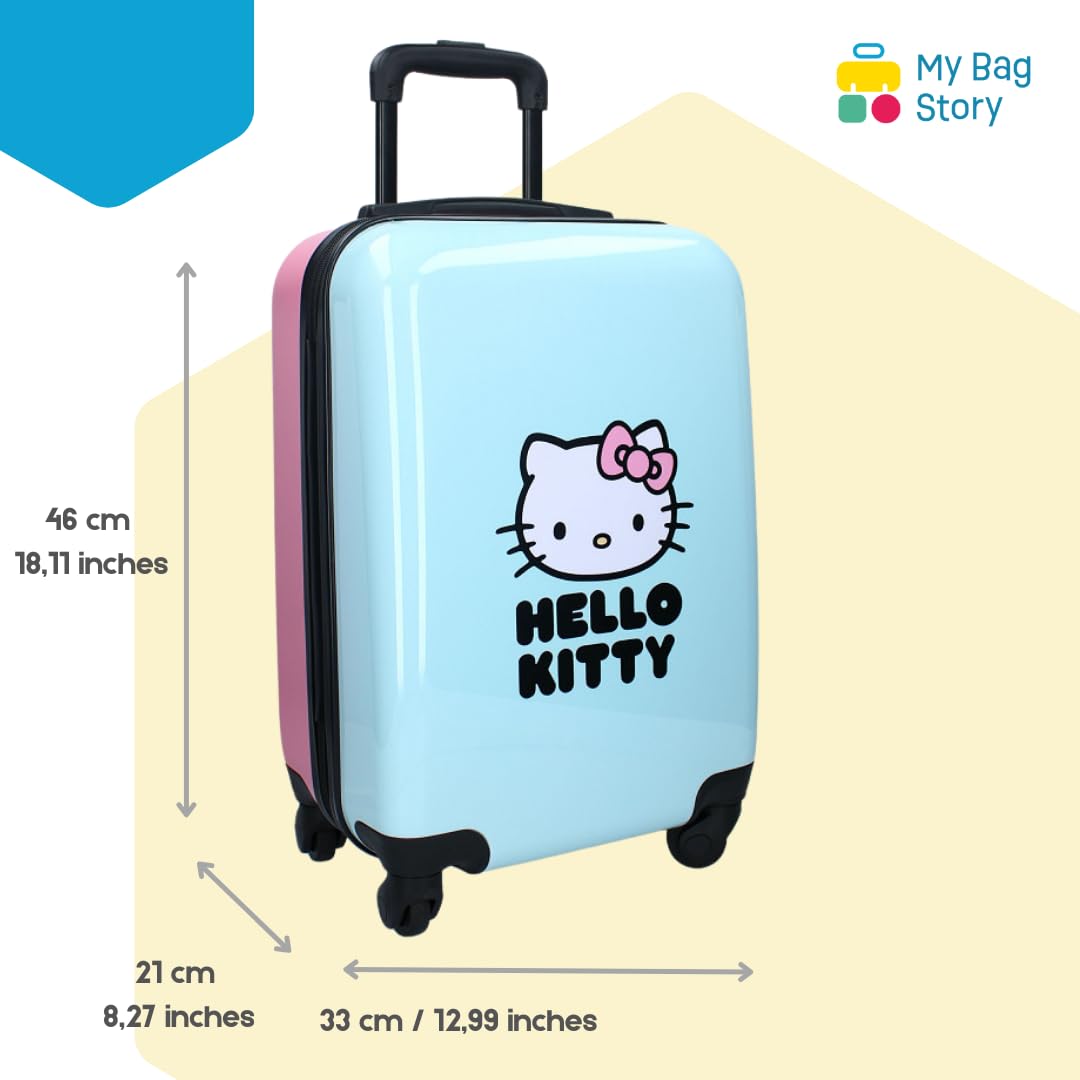 mybagstory - Mała walizka kabinowa Hello Kitty - Dziecko - Bagaż - Podróż - Wakacje - Rozmiar 46 cm - kółka - Pomysł na prezent, Hello Kitty - Różowy/Niebieski, Klasyczny