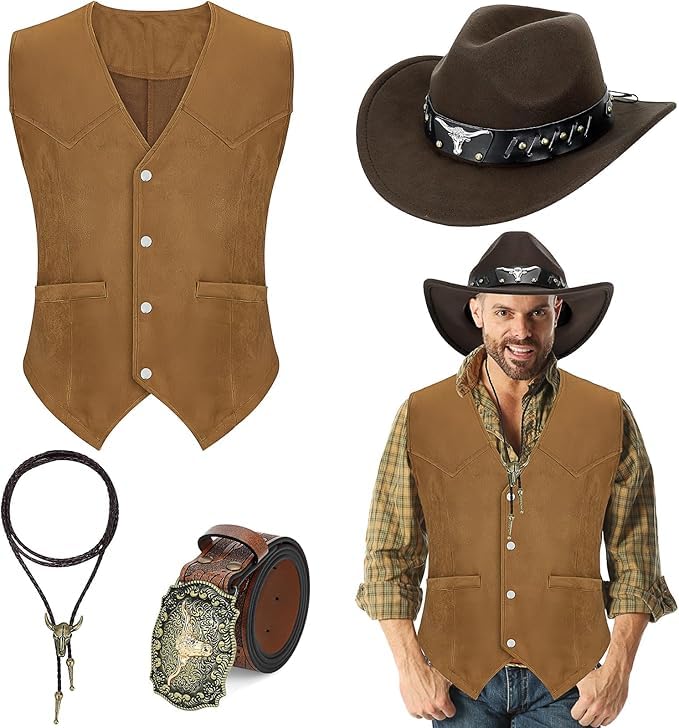 4 Pcs Western Outfits for Men Cowboy Suede Leather Vest Hat Necktie Buckle Belt for Halloween Costume Party for Men Hippie Disco Party (Brown, XL)