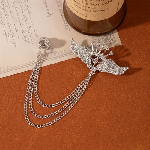 Image of coadipress Crown With Hanging Chain Brooch for Women Men Elegant Gentlemen Gold Silver Crystal Crown Lapel Pin Vintage Rhinestone Wedding Brooch Suit Shirt Pin Accessories