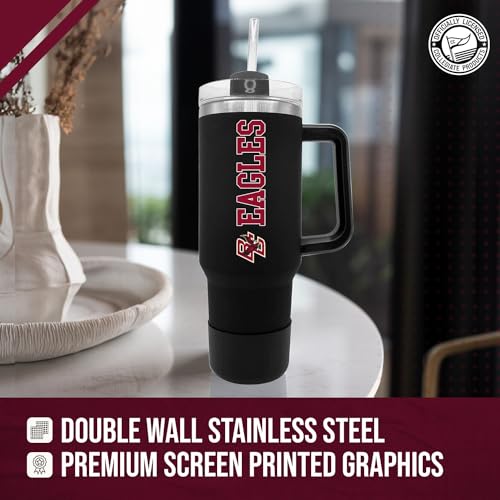 Image of Boston College Eagles 40 oz Tumbler with Handle and Straw - Black | Officially licensed Boston College Eagles insulated tumbler - Go Eagles; vacuum-sealed stainless steel; straw included