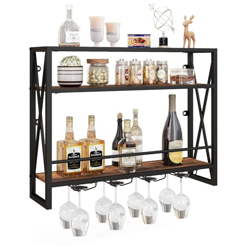 Giantex Industrial Wall Mounted Wine Rack, 3-Tier Metal Hanging Wine Bottle Glass Rack w/ 16-Bottle...