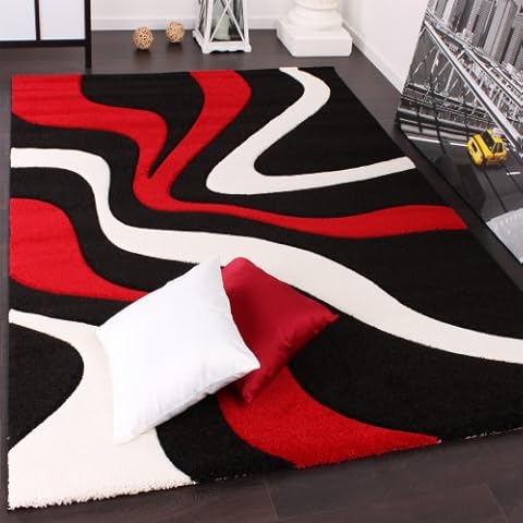 Designer Carpet With Contour Cut And A Wave Pattern In Red Black And White, Size:120x170 cm Cover