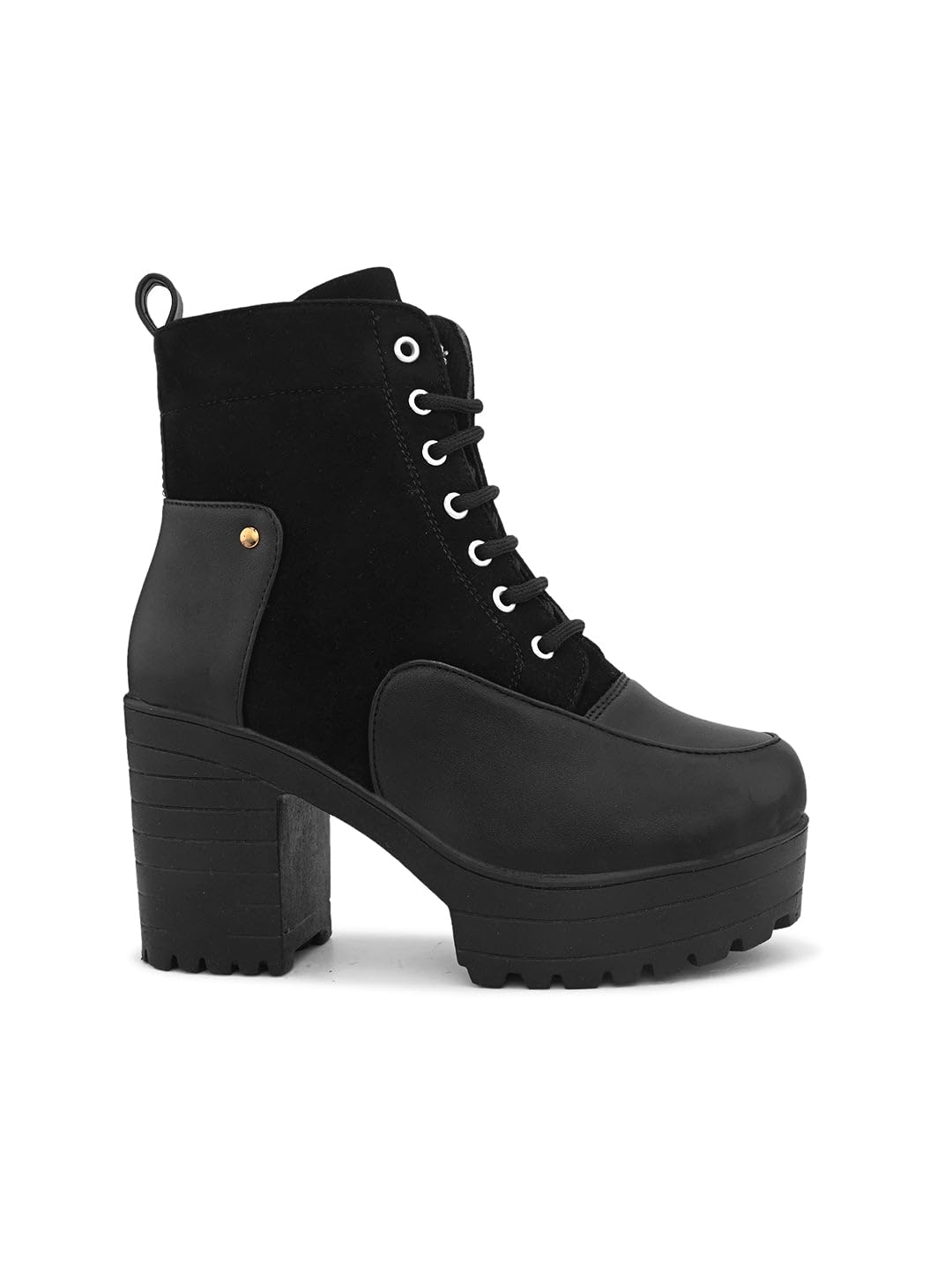 XE Looks 100% Vegan Leather Women's Lace-Up Ankle Boots With Chunky Block Heel, Faux Leather And Suede Combination, Stylish And Durable For Girls & Women,black 6 UK 4