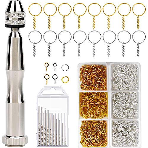 Pin Vise Hand Drill for Resin Casting Jewelry Keychain Making, 631PCS Resin Craft DIY Tool Set with Hand Drill, Drill Bits, Screw Eye Pins, Jump Rings for Jewelry, Resin, Wood (Gold&Silver)
