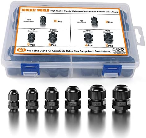 Cable Glands Waterproof Adjustable 3-16mm Cable Glands Joints PG7, PG9, PG11, PG13.5, PG16, PG19(40 pcs)
