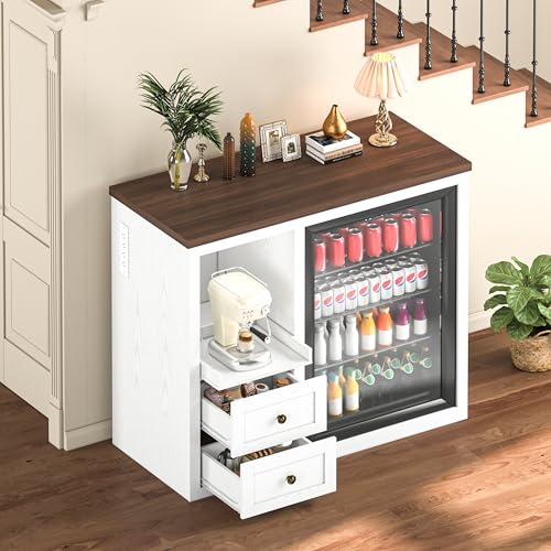 Image of 47.2 inch Coffee Bar Cabinet with Fridge Space, Farmhouse Mini Fridge Cabinet with Power Outlets and Storage Drawers, Wine Bar Cabinet with Sliding Shelf for Kitchen Dining Room, White